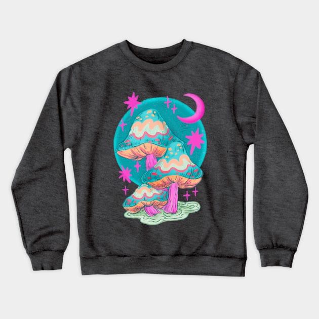 Trippy Mushroom and Moon Drawing Crewneck Sweatshirt by rosiemoonart